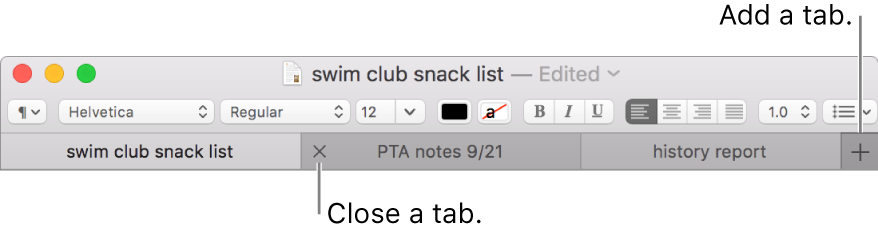 A TextEdit window with three tabs in the tab bar, located below the formatting bar. One tab shows the Close button. The Add button is located at the right end of the tab bar.