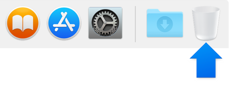 A blue arrow pointing to the Trash icon in the Dock.