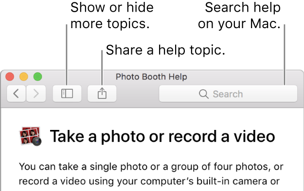 A Help window showing the button in the toolbar to click to show more topics, the button to share a topic, and the search field to search help on your Mac.
