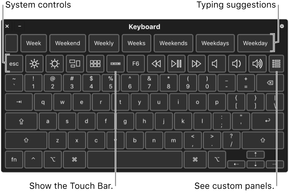 The Accessibility Keyboard with typing suggestions across the top. Below is a row of buttons for system controls to do things like adjust display brightness, show the Touch Bar onscreen, and show custom panels.