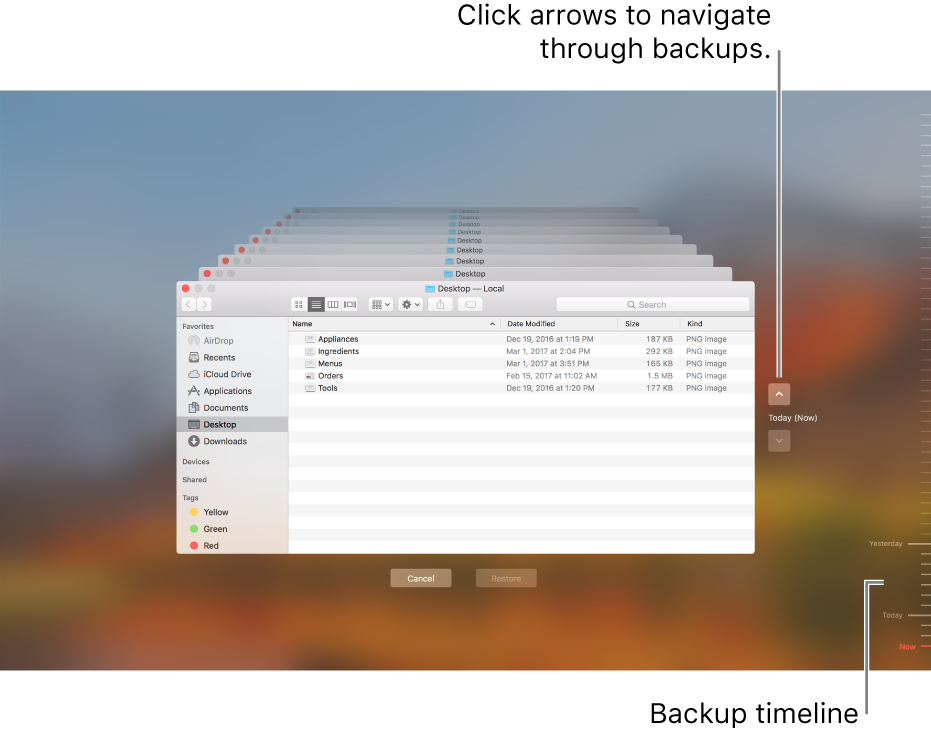 When you open Time Machine, you see a blurred screen with multiple Finder screens stacked to represent backups. Click the arrows to navigate through your backups (or click in the backup timeline on the right), and choose which files to restore.