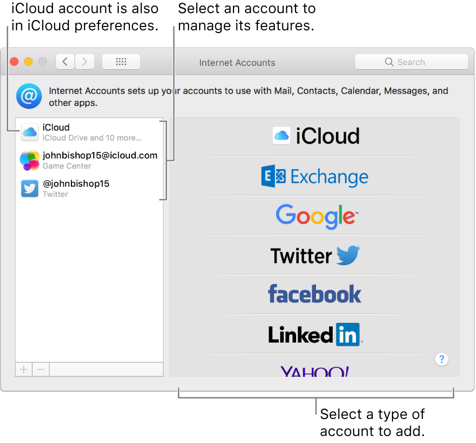 Internet Accounts preferences with iCloud and Twitter accounts listed on the right and available account types listed on the left.