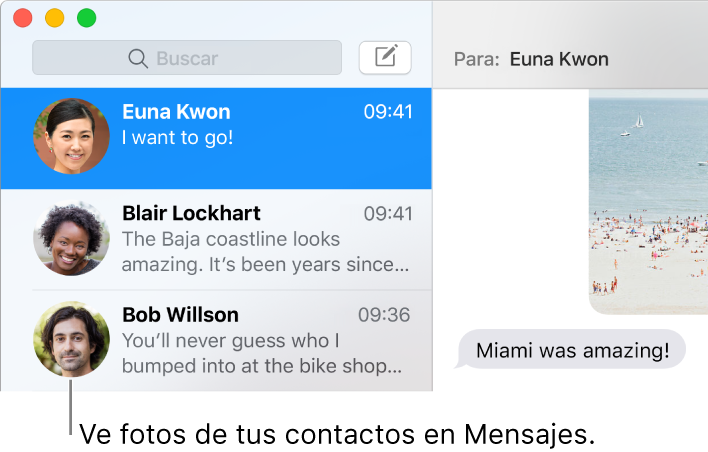 La barra lateral de la app Mensajes mostrando las imágenes de personas junto a sus nombres.