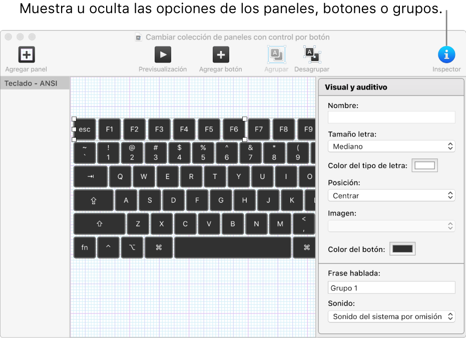 Una ventana de colecciones de paneles que muestra el botón Inspector en la parte derecha de la barra de herramientas para configurar opciones para los paneles, botones y grupos.