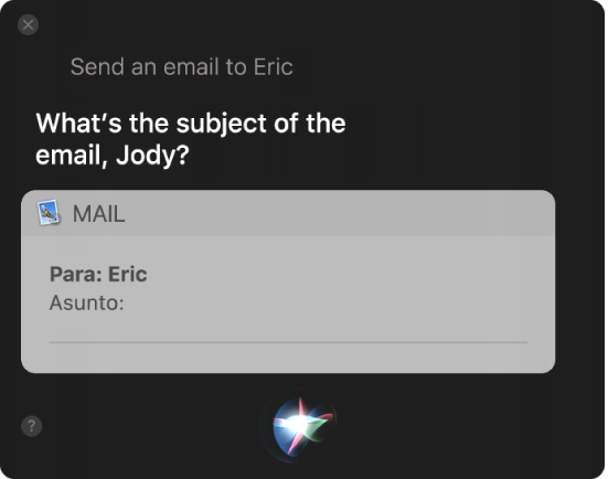 Ventana de Siri mostrando un mensaje de correo electrónico que está siendo dictado.