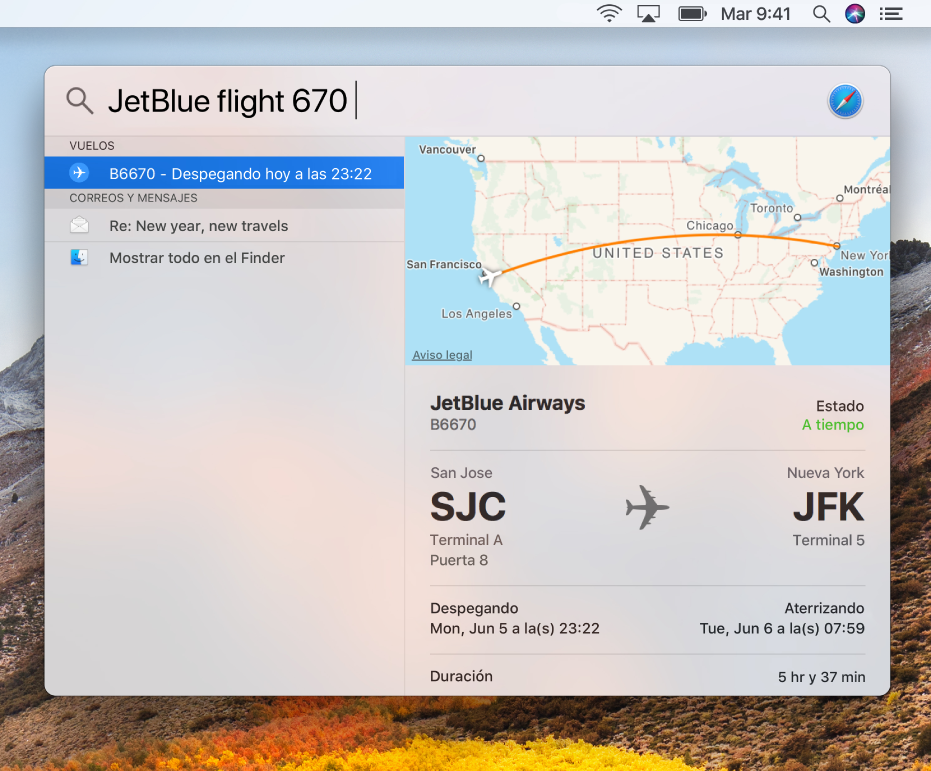 La ventana de Spotlight mostrando los resultados del estado de un vuelo.