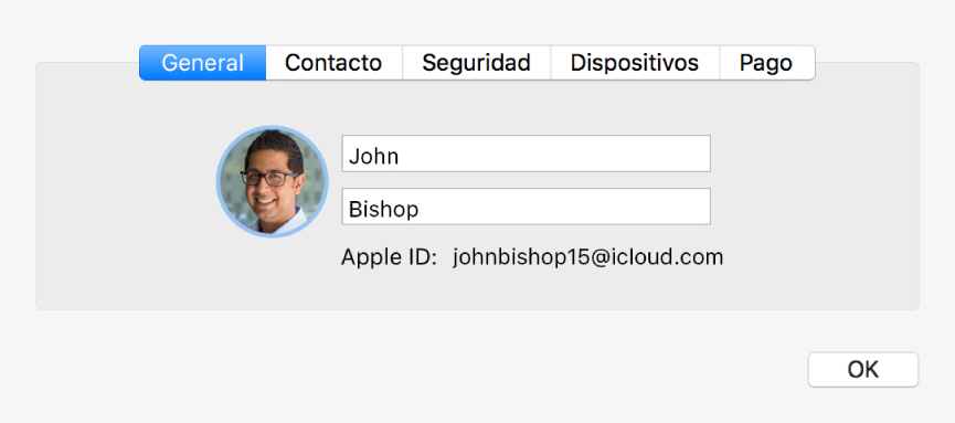 Cuadro de diálogo “Detalles de la cuenta” del panel de preferencias iCloud