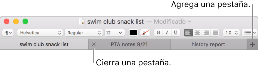 Una ventana de TextEdit con tres pestañas en la barra de pestañas, ubicada debajo de la barra de formato. Una pestaña muestra el botón Cerrar. El botón Agregar está ubicado en el extremo derecho de la barra de pestañas.