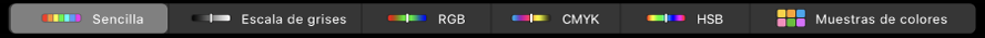 La Touch Bar mostrando modelos de color, de izquierda a derecha, Sencillo, Escala de grises, RGB, CMYK, y HSB. Al extremo derecho está el botón Muestras.