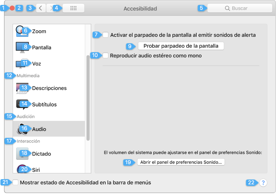 Un panel de preferencias mostrando una etiqueta junto a cada elemento de la interfaz con el cual se puede interactuar.