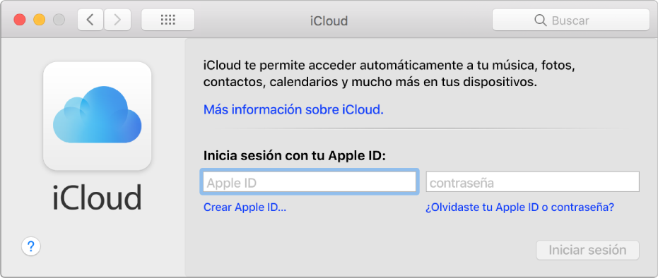 El panel de preferencias iCloud, listo para que el usuario ingrese el nombre y la contraseña de un Apple ID.