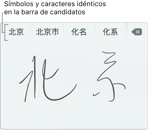 Trackpad de escritura después de escribir Beijing en chino simplificado. Al dibujar trazos en el trackpad, la barra candidata (en la parte superior de la ventana “Escritura en trackpad”) muestra las posibles coincidencias de caracteres y símbolos. Toca un candidato para seleccionarlo.