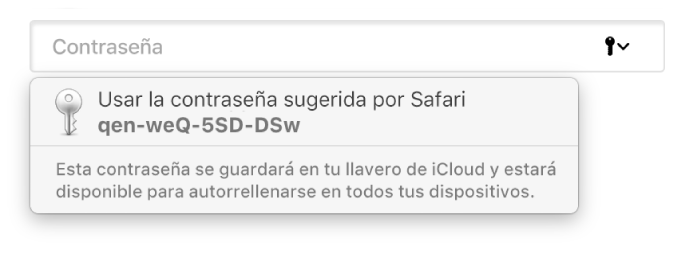 Una contraseña sugerida por Safari, indicando que se guardará en el Llavero de iCloud del usuario y que estará disponible en Autorrelleno en los dispositivos del usuario.