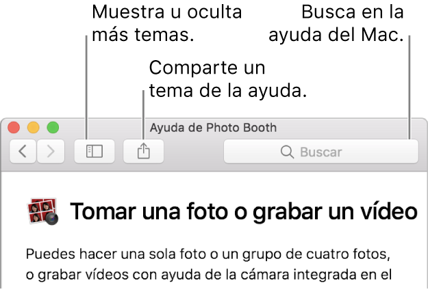 Una ventana de Ayuda mostrando el botón de la barra de herramientas en el que hay que hacer clic para mostrar más temas, el botón para compartir un tema y el campo de búsqueda para buscar ayuda en el Mac.