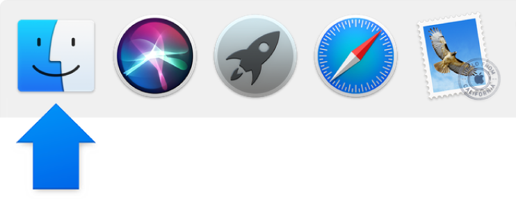 Una flecha azul que apunta al icono del Finder en el lado izquierdo del Dock.