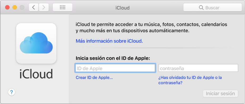 Panel de preferencias iCloud, listo para introducir el nombre y la contraseña del ID de Apple.