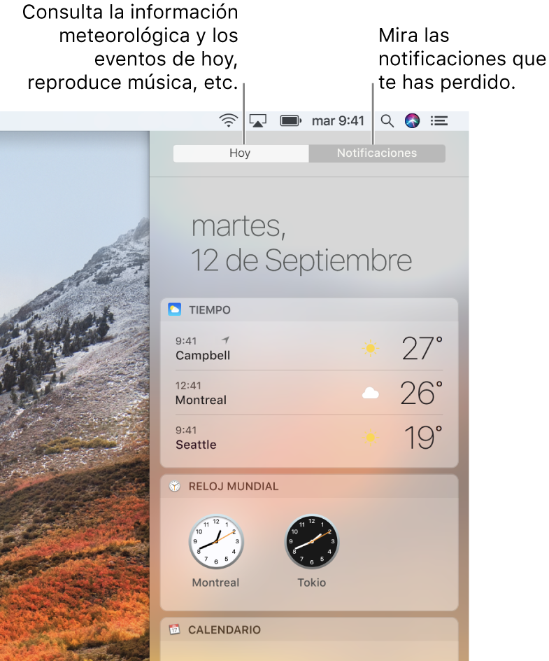 Vista de hoy mostrando el tiempo y los relojes mundiales. Haz clic en la pestaña Notificaciones para ver las notificaciones que tengas pendientes.