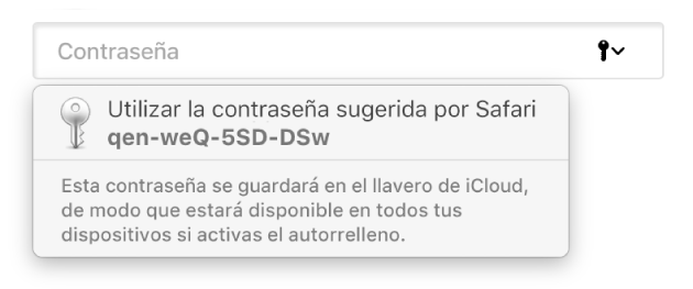 Una contraseña sugerida de Safari, indicando que se guardará en el llavero de iCloud del usuario y estará disponible para Autorrellenar en los dispositivos del usuario.