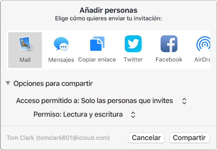 Ventana “Añadir personas”, con las apps que puedes usar para realizar invitaciones y las opciones para compartir documentos.