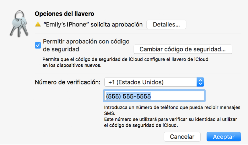 Cuadro de diálogo “Opciones del llavero de iCloud” con el nombre del dispositivo que solicita aprobación y un botón Detalles al lado.