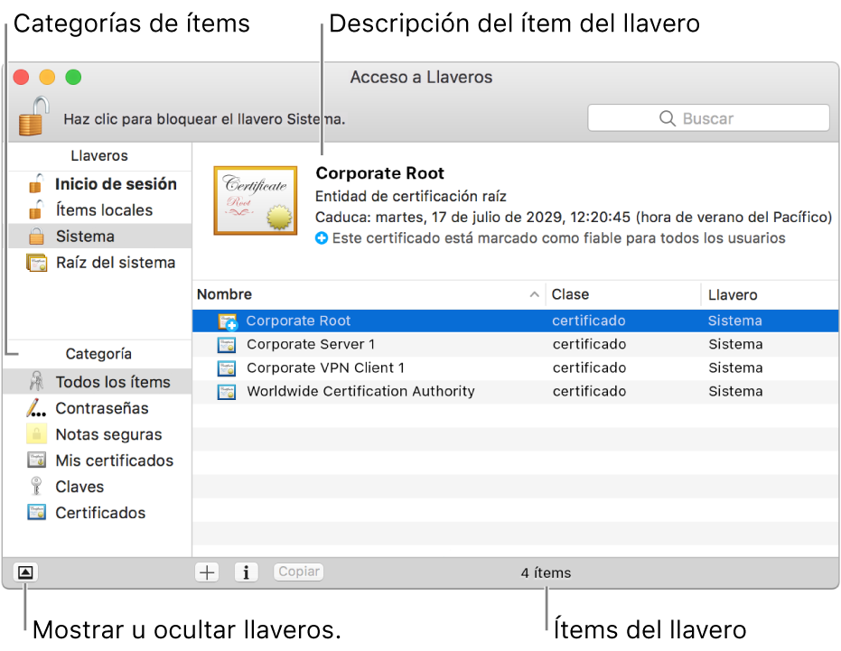 Las áreas principales de la ventana Acceso a Llaveros: la lista de categorías, la lista de ítems de ítems de llaveros y una descripción de un ítem de llavero.