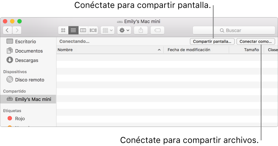 La sección Compartidos de la barra lateral del Finder con un Mac seleccionado.