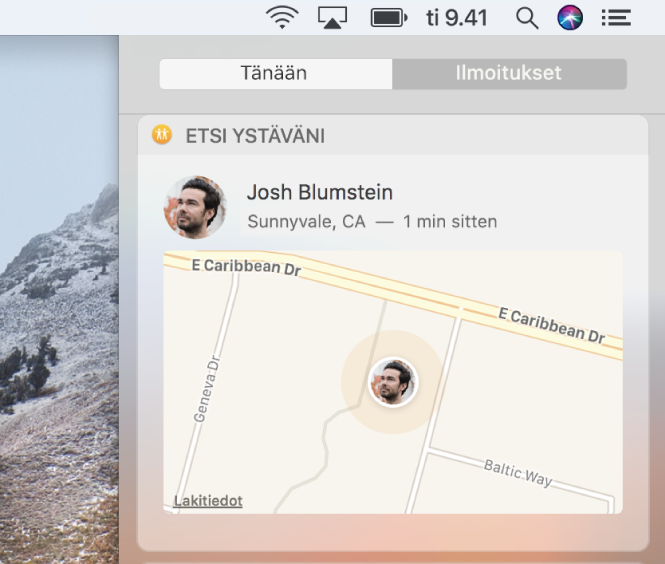 Ilmoituskeskuksen Tänään-näkymän Etsi ystäväni -widgetti näyttää ystävän sijainnin kartalla.