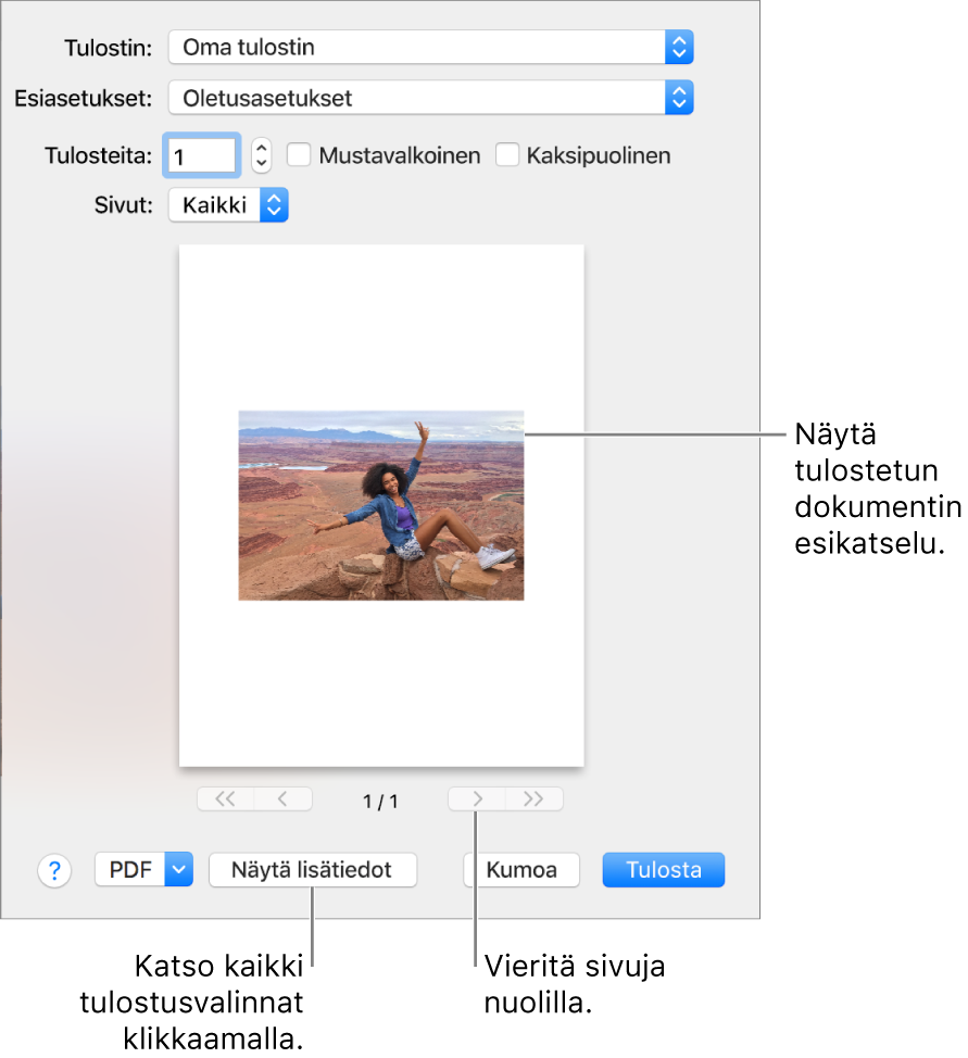 Tulostin-ponnahdusvalikossa olevat kuvakkeet osoittavat tulostimen tilan. Tulosta-valintaikkunassa näkyy tulostustyön pieni esikatselu. Saat kaikki tulostusvalinnat näkyviin klikkaamalla Näytä lisätiedot.