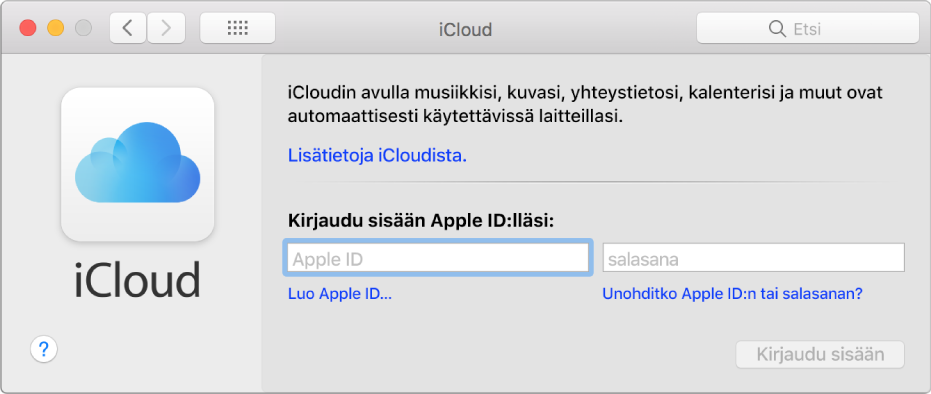 iCloud-asetukset valmiina Apple ID:n ja salasanan syöttämistä varten.