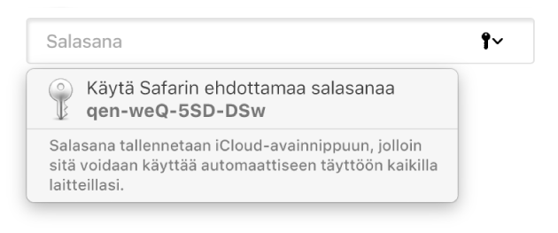 Ehdotettu salasana Safarista ja teksti, että se tallennetaan käyttäjän iCloud-avainnippuun ja on käytettävissä käyttäjän muilla laitteilla.
