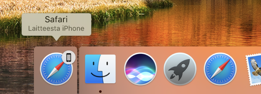 Ohjelman Handoff-kuvake iPhonesta Dockin vasemmassa reunassa.