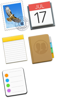 Mail-, Kalenterit-, Muistiinpanot-, Yhteystiedot- ja Muistutukset-kuvakkeet