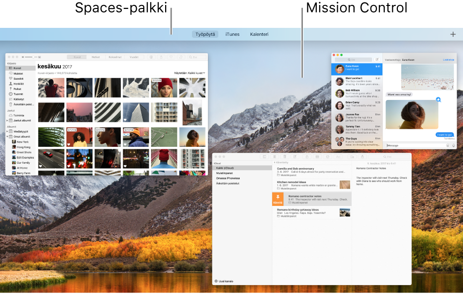 Useita ikkunoita avoinna Mission Controlissa ja Spaces-palkki näytön yläreunassa.