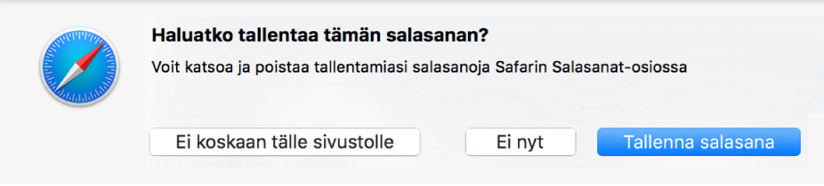 Valintaikkuna, joka kysyy, haluatko tallentaa verkkosivuston salasanan.
