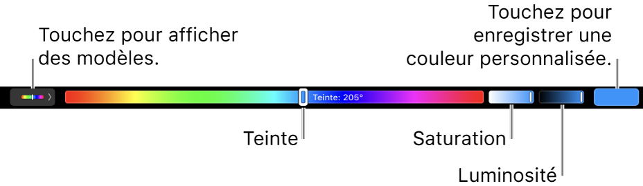 La Touch Bar affichant les curseurs Teinte, Saturation et Luminosité du modèle TSL. Le bouton permettant d’afficher tous les profils se trouve à l’extrémité gauche. Celui permettant d’enregistrer une couleur personnalisée se trouve à droite.