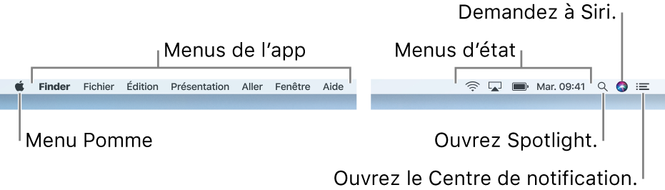 La barre des menus. Le menu Pomme et les menus d’app se trouvent à gauche. Les icônes des menus d’état, Spotlight, Siri et du Centre de notifications se trouvent à droite.