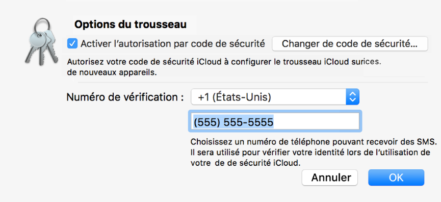 La zone de dialogue Options de Trousseau iCloud avec l’option sélectionnée pour autoriser l’approbation à l’aide du code de sécurité, le bouton permettant de modifier le code de sécurité et les champs pour changer le numéro de validation.