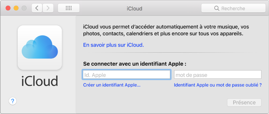 Préférences iCloud, dans lesquelles vous pouvez saisir un identifiant Apple et le mot de passe correspondant.
