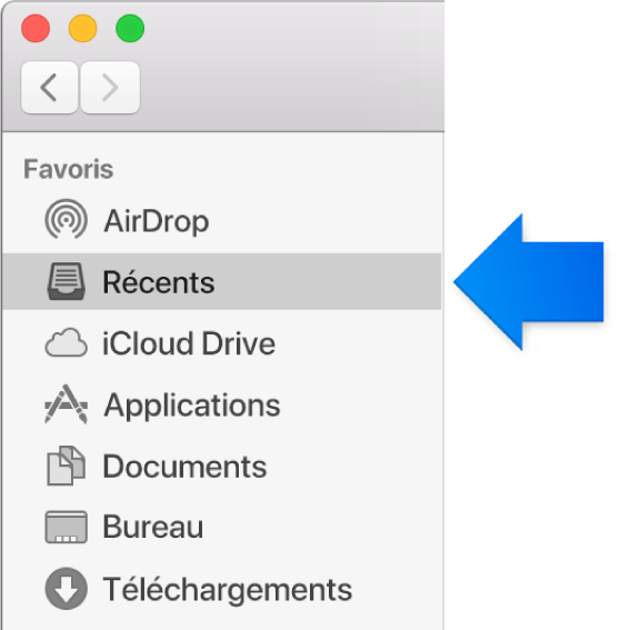 Flèche bleue pointant vers le dossier Récents.
