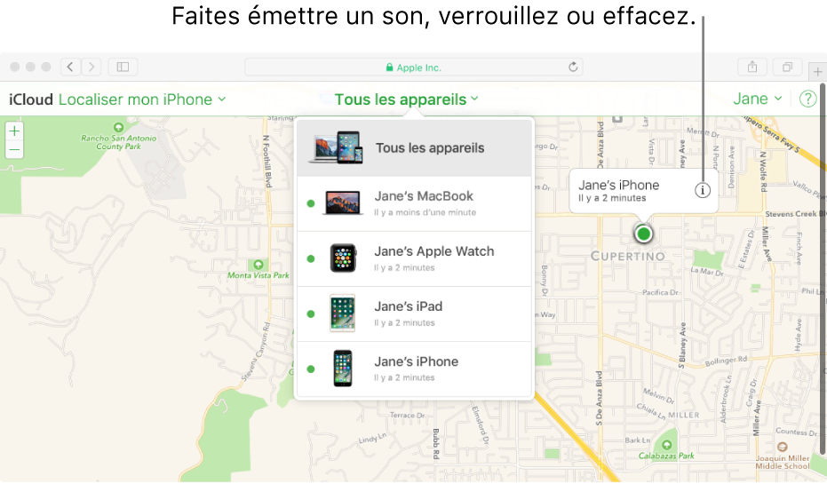 Plan dans Localiser mon iPhone sur iCloud.com indiquant l’emplacement d’un Mac.