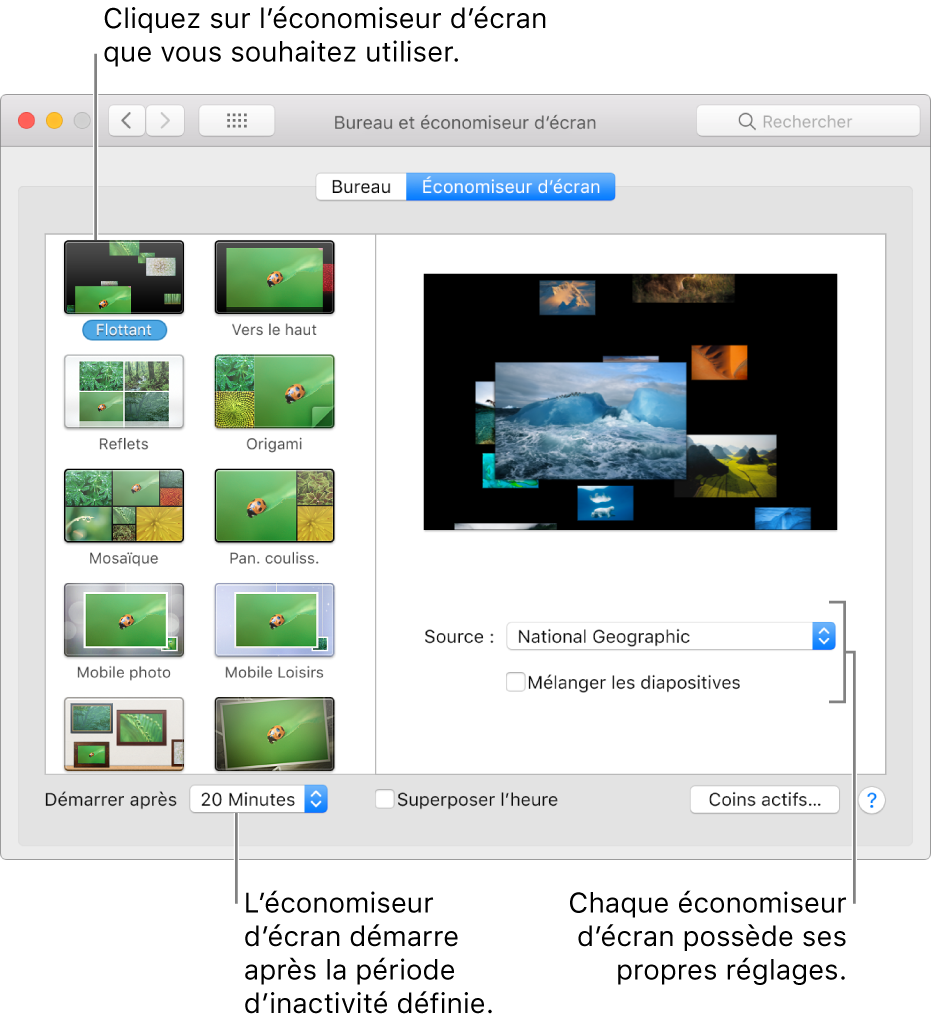 La sous-fenêtre Économiseur d’écran des Préférences Système.