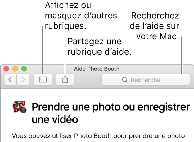 La fenêtre Aide avec le bouton dans la barre d’outils qui permet d’afficher plus de rubriques, le bouton pour partager une rubrique et le champ de recherche qui permet de rechercher de l’aide sur votre Mac.