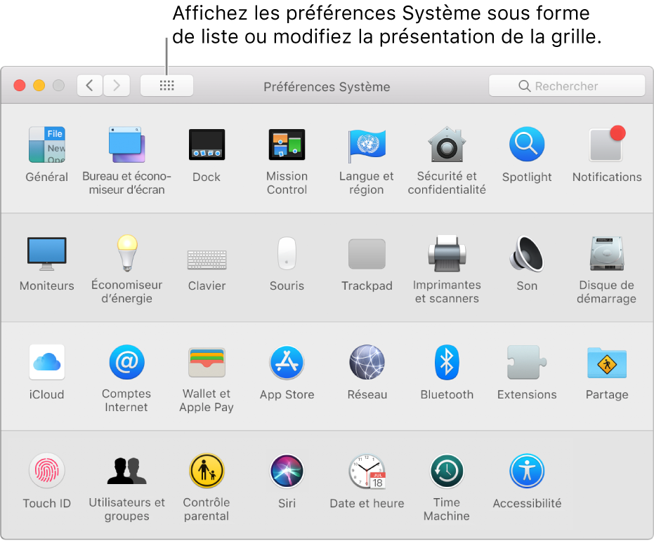 Grille d’icônes dans la fenêtre des Préférences Système. Cliquez sur le bouton Tout afficher dans la barre d’outils de la fenêtre pour afficher les préférences système sous forme de liste, ou pour changer l’aspect de la grille.