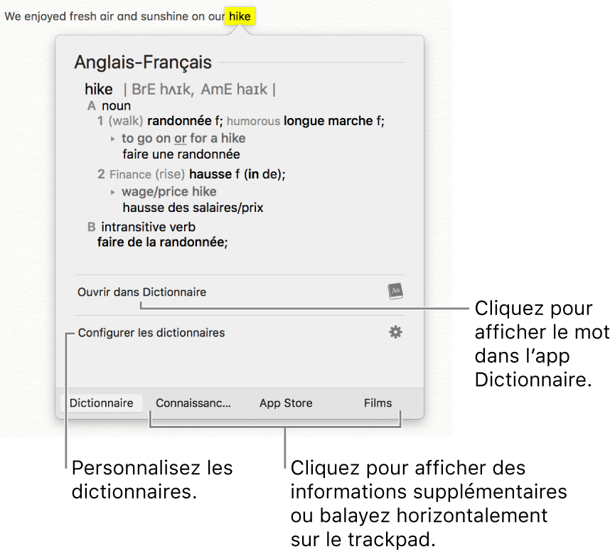 La fenêtre Rechercher affiche le dictionnaire et les définitions du thésaurus pour un mot.