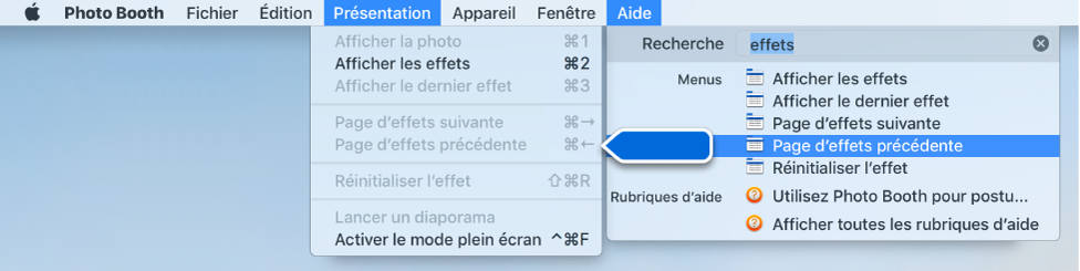 Le menu Aide de Photo Booth dispose des résultats de recherche pour un élément de menu sélectionné et une flèche placée sur l’élément dans les menus d’app.