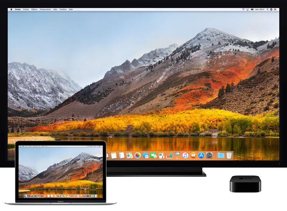 Installation comprenant un ordinateur Mac, un téléviseur HD et une Apple TV