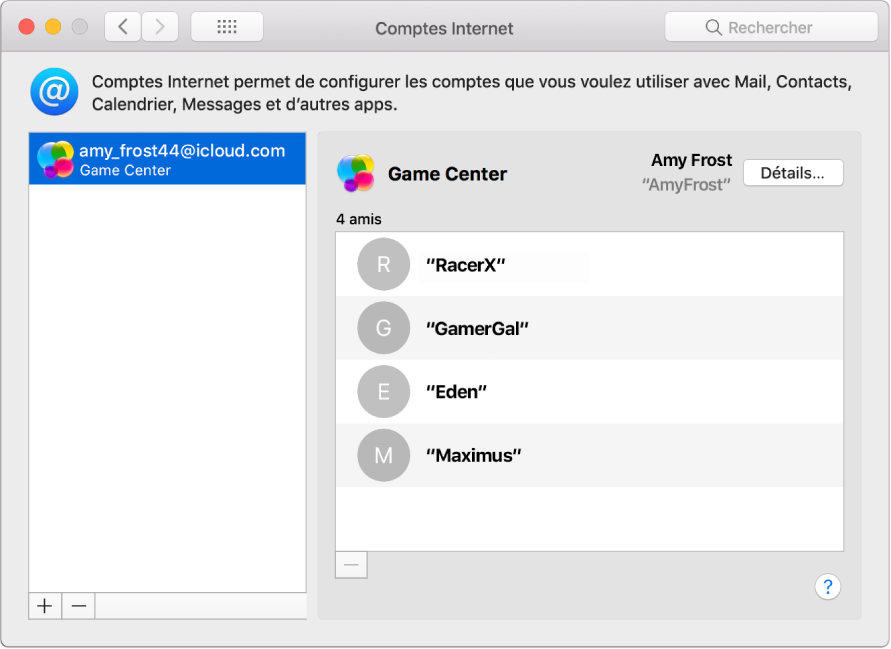 Compte Game Center dans Comptes Internet.