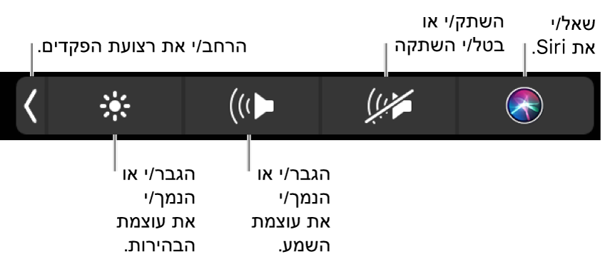 ‏Control Strip בפריסה מכווצת כולל כפתורים - משמאל לימין - להרחבת Control Strip, הגברה או הפחתה של הבהירות ועוצמת הקול, השתקה וביטול השתקה והצגת בקשות ל-Siri.