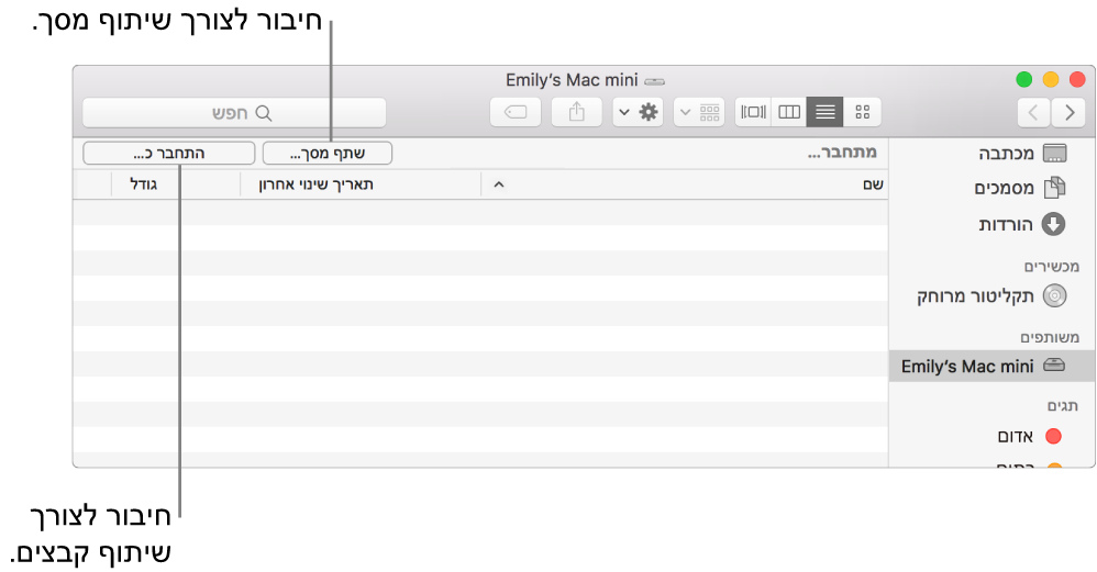 המקטע ״משותף״ של סרגל הצד של Finder עם Mac שנבחר.