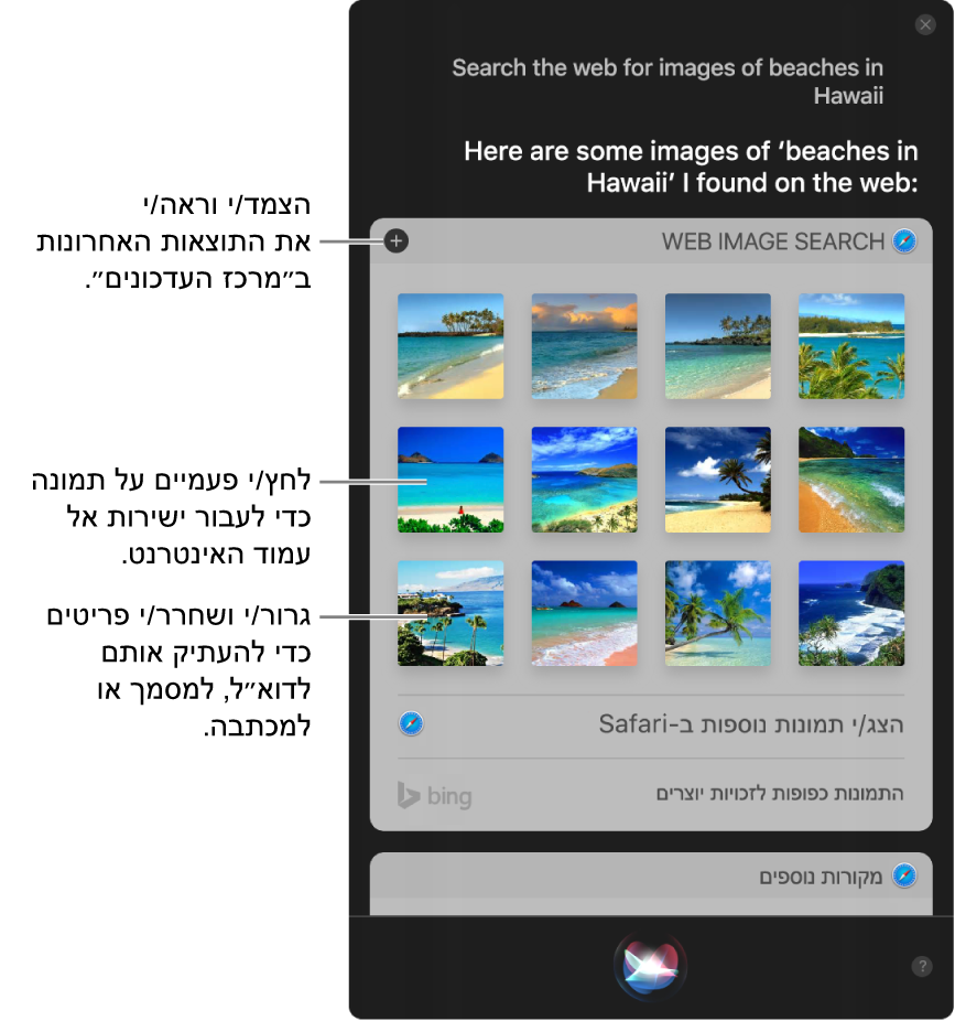 חלון Siri המציג תוצאות Siri לבקשה ״חפש ברשת תמונות של חופים בהוואי״. ניתן להצמיד תוצאות ל״מרכז העדכונים״, ללחוץ פעמיים על תמונה לפתיחת עמוד האינטרנט המכיל את התמונה או לגרור תמונה לתוך הודעת דוא״ל או למסמך או למכתבה.
